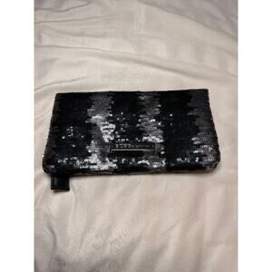 BCBG Black Silver Sequin Magnetic Zip Closure Clutch